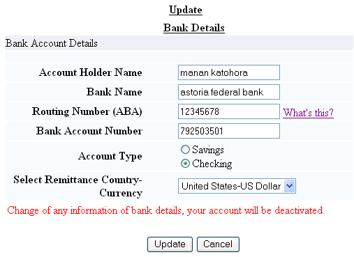 Update Bank Details